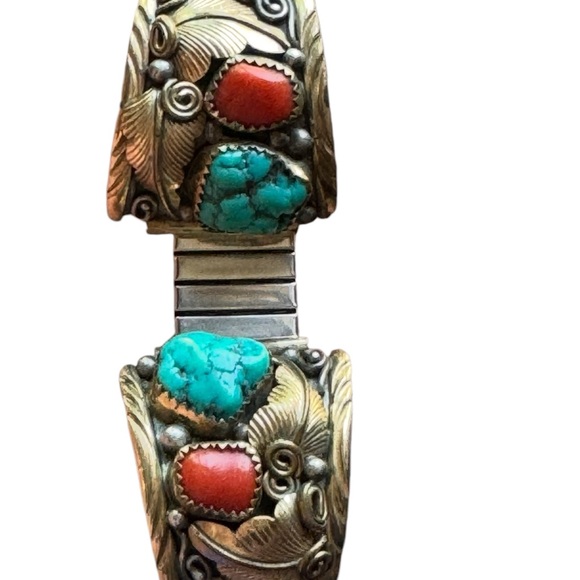 VTG 1970s Old Pawn NAVAJO Turquoise-Coral Men's Watchband EJ 12k Gold Sterling - Picture 3 of 7